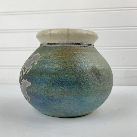 Raku Studio Pottery Vase Pot Southwest Dream Running Horses Signed Jeremy Diller - Picture 2 of 7